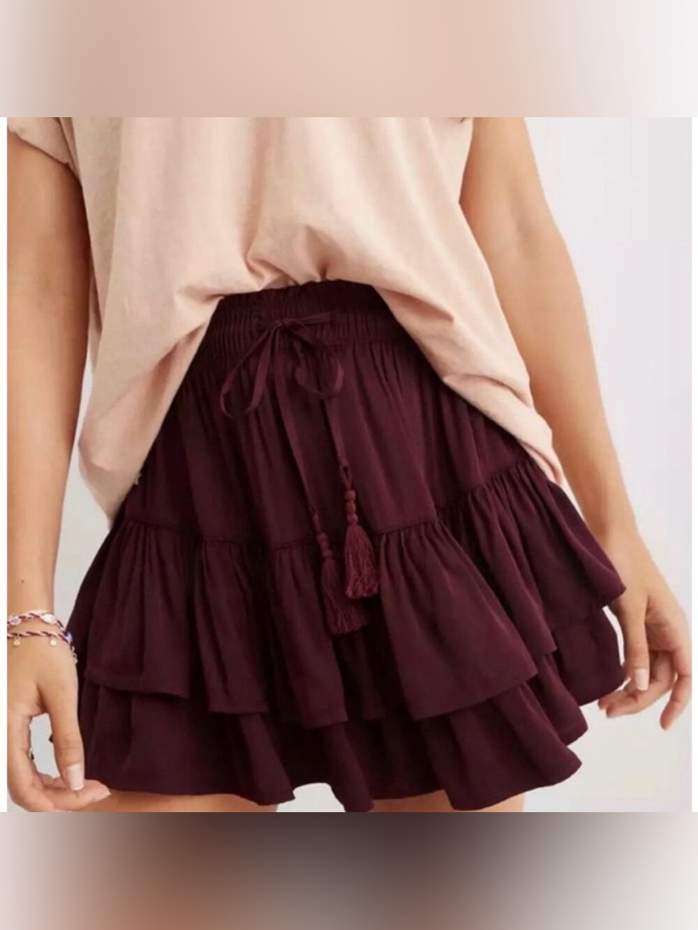 Aerie Sweet & Silky Burgundy Tiered Satin Ruffle Mini Skirt Sz Large